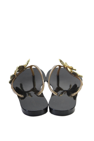 Mini Melissa Girls T-Straps Butterfly Flat Sandals Gold Black Size 4