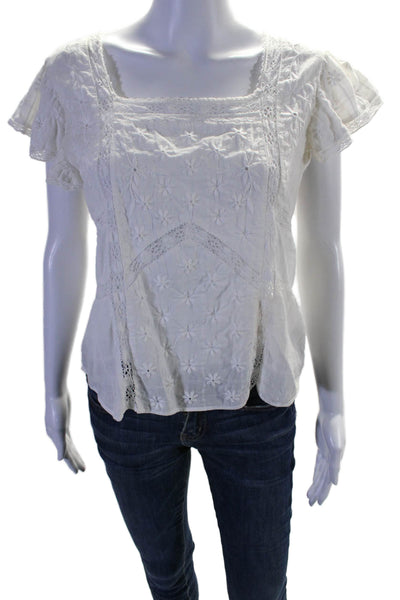 Love Shack Fancy Womens Cotton Floral Embroidered White Blouse Top Size XS