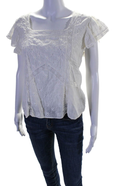 Love Shack Fancy Womens Cotton Floral Embroidered White Blouse Top Size XS