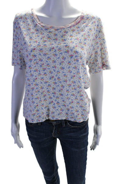 Love Shack Fancy Womens White Cotton Floral Print Crew Neck Tee Top Size XS