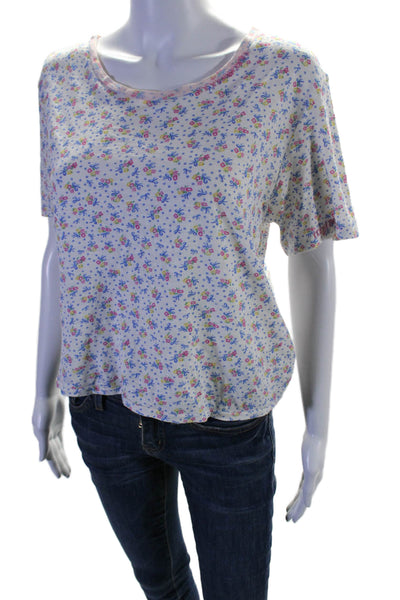 Love Shack Fancy Womens White Cotton Floral Print Crew Neck Tee Top Size XS