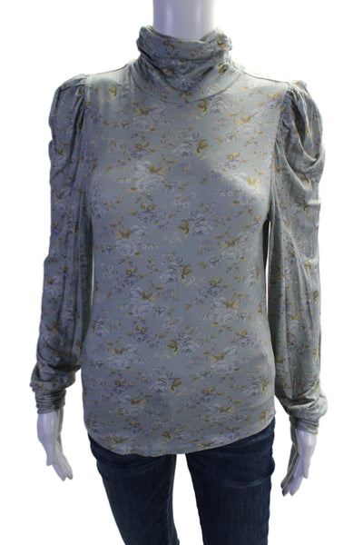 Love Shack Fancy Womens Blue Floral Turtleneck Long Sleeve Blouse Top Size S