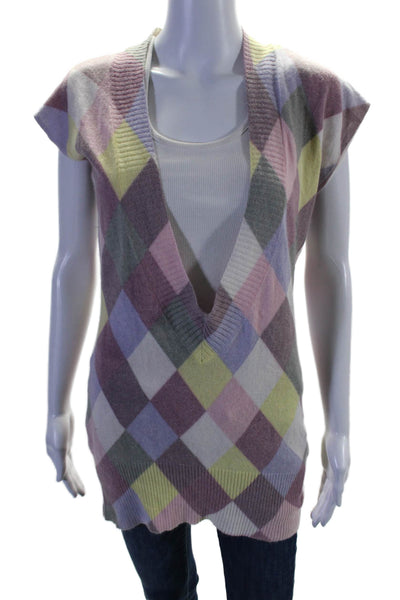 Maria Cher Womens Angora Diamond Print V Neck Pullover Sweater Multi Colored Siz