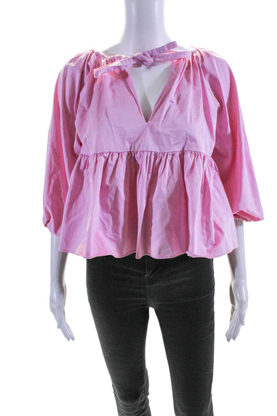 Cynthia Rowley Womens Cotton V-Neck Long Sleeve Pullover Blouse Top Pink Size XS