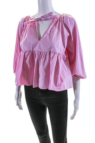 Cynthia Rowley Womens Cotton V-Neck Long Sleeve Pullover Blouse Top Pink Size XS