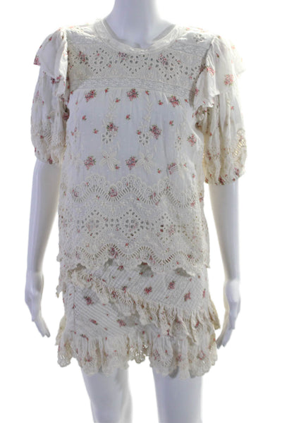 Love Shack Fancy Womens White Eyelet Floral Blouse Top Skirt Set Size S XS