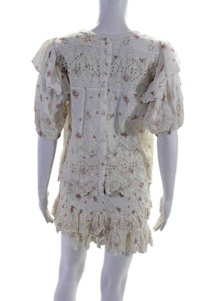 Love Shack Fancy Womens White Eyelet Floral Blouse Top Skirt Set Size S XS