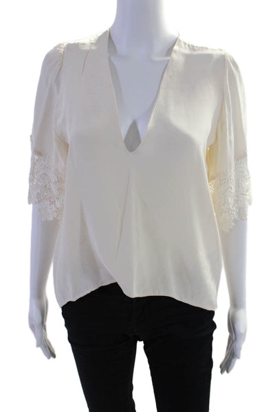 Stone Cold Fox Womens Cream V-Neck Lace Trim Short Sleeve Blouse Top Size M