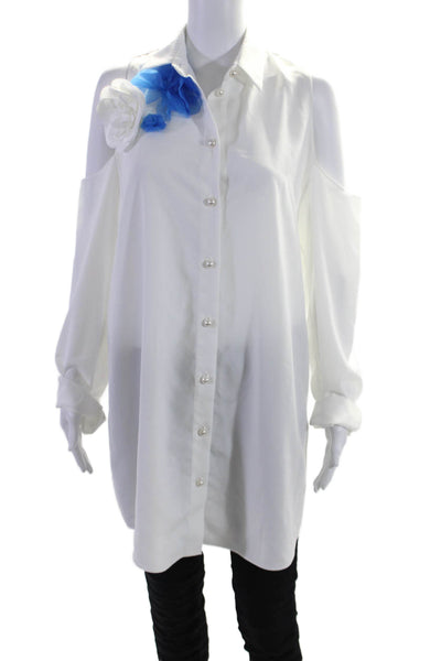 Christian Siriano Womens Floral Applique Button Down Shirt Dress White Size Smal