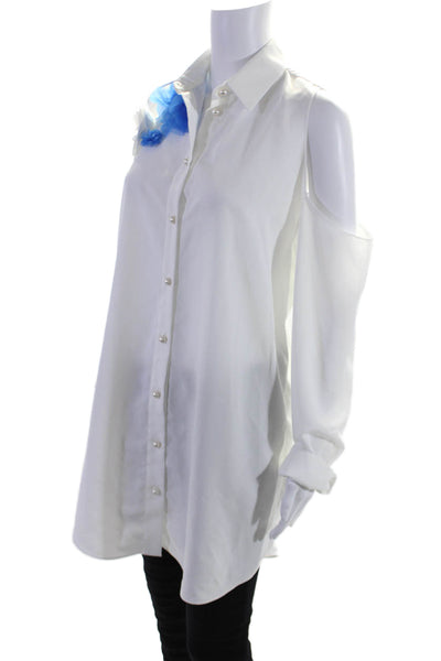 Christian Siriano Womens Floral Applique Button Down Shirt Dress White Size Smal