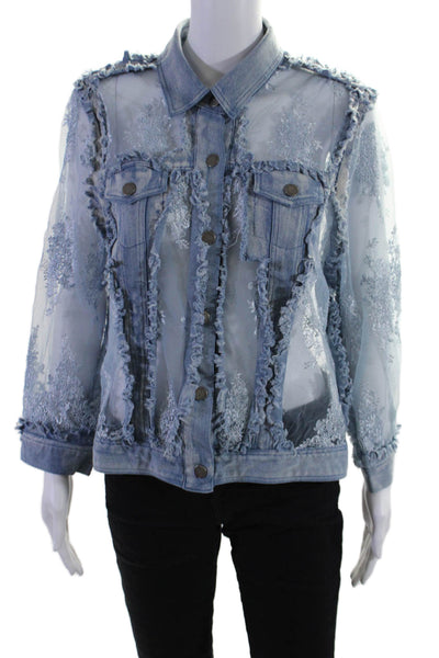 Frederique Womens Denim Embroidered Button Down Jacket Blue Cotton Size Medium