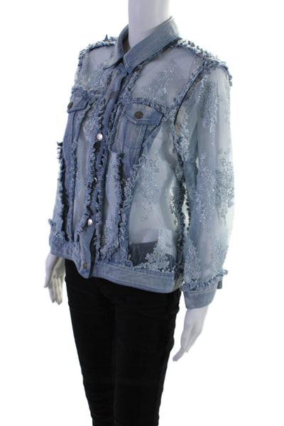 Frederique Womens Denim Embroidered Button Down Jacket Blue Cotton Size Medium