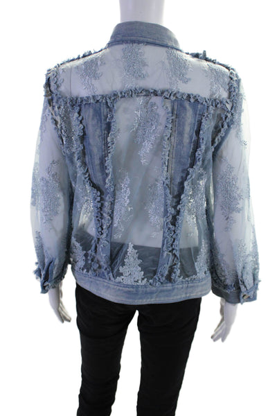 Frederique Womens Denim Embroidered Button Down Jacket Blue Cotton Size Medium