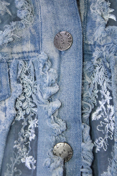 Frederique Womens Denim Embroidered Button Down Jacket Blue Cotton Size Medium