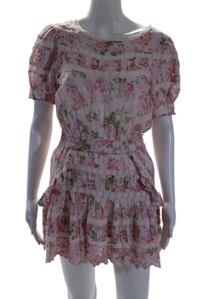 Love Shack Fancy Womens Button Back Lace Trim Floral Dress Pink Cotton Size XS