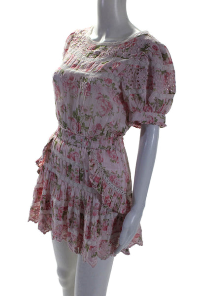 Love Shack Fancy Womens Button Back Lace Trim Floral Dress Pink Cotton Size XS