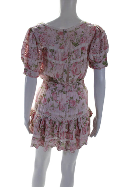 Love Shack Fancy Womens Button Back Lace Trim Floral Dress Pink Cotton Size XS