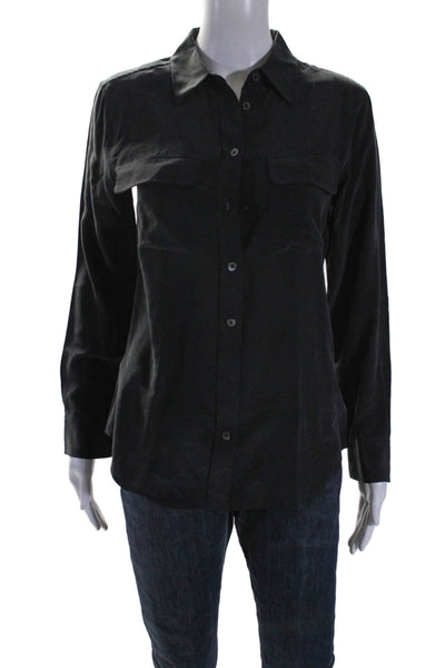 Equipment Femme Womens Silk Collared Button Up Long Sleeved Top Black Size XS