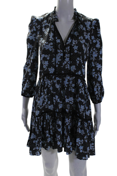 Veronica Beard Womens Silk Floral Print Long Sleeves A Line Dress Black Blue Siz