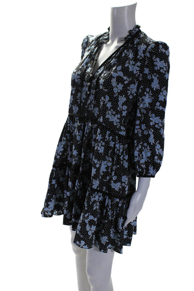 Veronica Beard Womens Silk Floral Print Long Sleeves A Line Dress Black Blue Siz