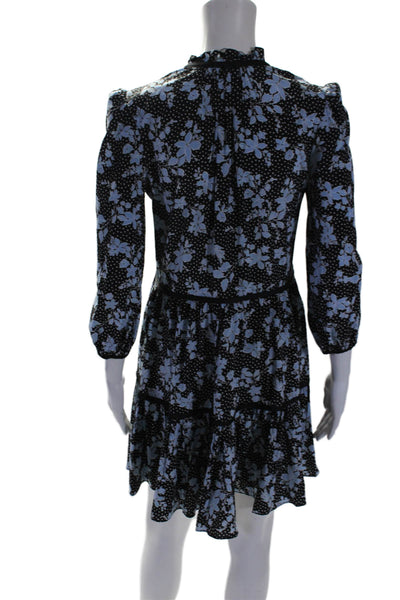 Veronica Beard Womens Silk Floral Print Long Sleeves A Line Dress Black Blue Siz