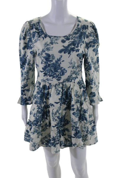 Love Shack Fancy Womens 3/4 Sleeve Scoop Neck Floral Dress White Blue Size 6