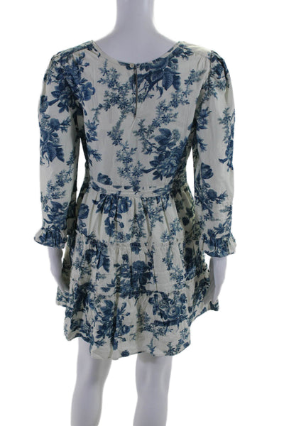 Love Shack Fancy Womens 3/4 Sleeve Scoop Neck Floral Dress White Blue Size 6