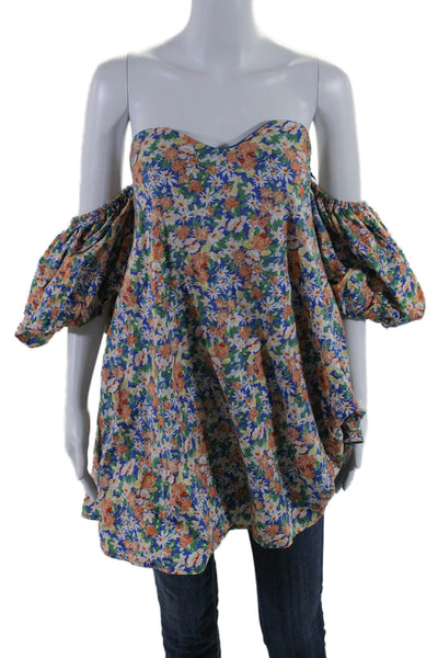 Mable Womens Cotton Floral Short Sleeve Off The Shoulder Blouse Top Blue Size L