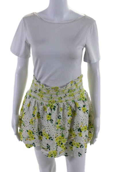 Alice + Olivia Womens Cotton Ruched Floral Embroidered Mini Skirt White Size 10