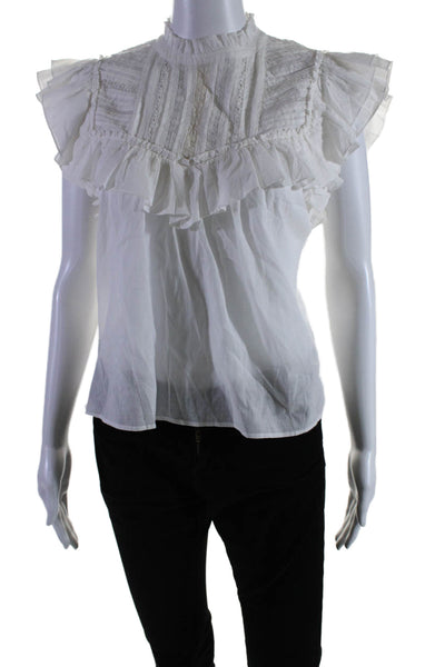 Veronica Beard Womens Round Neck Ruffle Short Sleeves Cotton Blouse White Size 0