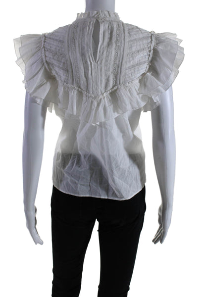 Veronica Beard Womens Round Neck Ruffle Short Sleeves Cotton Blouse White Size 0