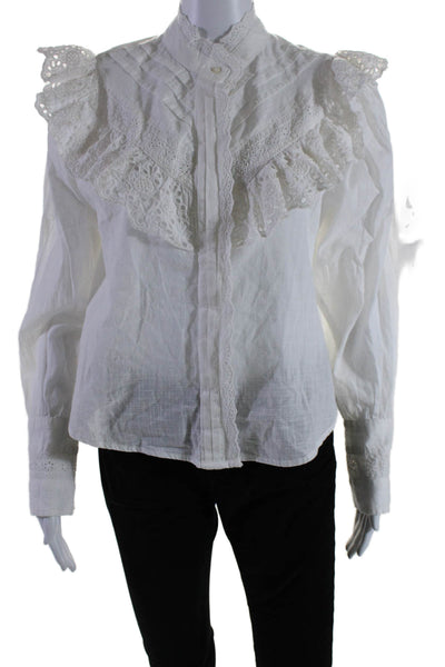 Free People Women's Round Neck Long Sleeves Ruffle Cotton Blouse Cream Size XS