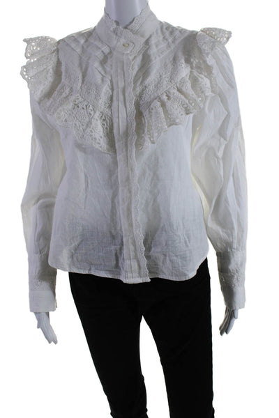 Free People Women's Round Neck Long Sleeves Ruffle Cotton Blouse Cream Size XS