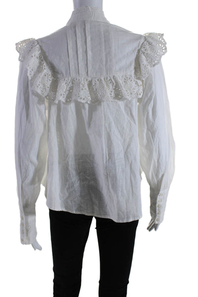 Free People Women's Round Neck Long Sleeves Ruffle Cotton Blouse Cream Size XS