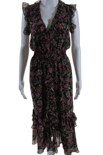 Misa Women's V-Neck Sleeveless Ruffle Smocked Waist Midi Dress Floral Size XS