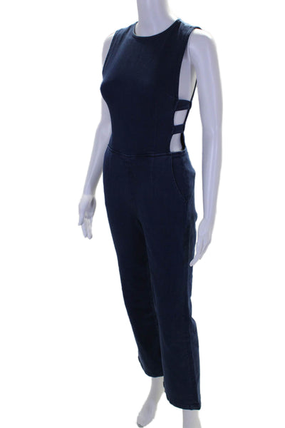 3x1 NYC Womens Cotton Blue Crew Neck Cut Out Sleeveless Bootcut Overalls Size S