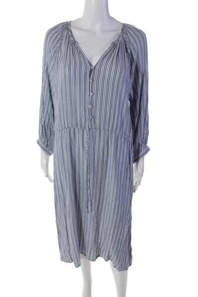 Michael Stars Womens V-neck Button Drawstring Tie Front Stripe Dress Blue Size L