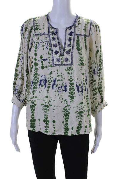 Ba&Sh Womens Beige Green Tie Dye Print V-neck Long Sleeve Blouse Top Size 0