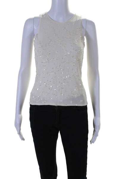 Oscar Oscar de la Renta Womens White Floral Sequins Crew Neck Blouse Top Size S