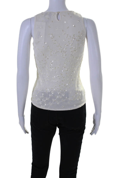 Oscar Oscar de la Renta Womens White Floral Sequins Crew Neck Blouse Top Size S