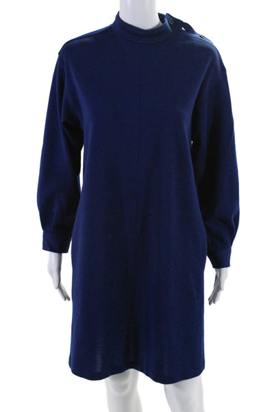 Saint Laurent Womens Buttoned Mock Neck Long Sleeve Sweater Dress Blue Size M