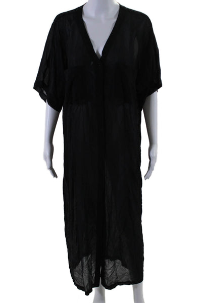 The Fisher Project Womens Button Front Short Sleeve Silk Midi Dress Black Medium