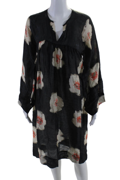 Isabel Marant Etoile Womens Half Sleeve V Neck Floral Dress Black Linen FR 40