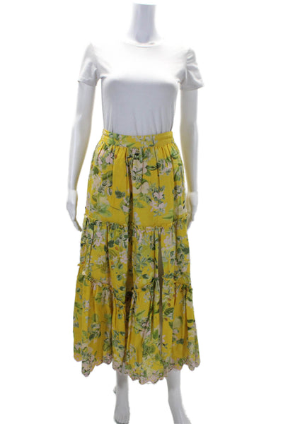 Hemant & Nandita Womens Yellow Cotton Linen Blend Floral Slit Maxi Skirt Size S