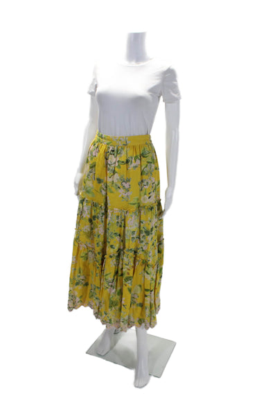 Hemant & Nandita Womens Yellow Cotton Linen Blend Floral Slit Maxi Skirt Size S