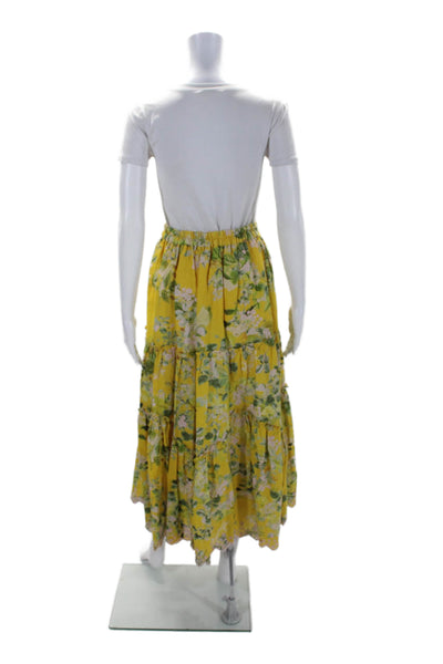 Hemant & Nandita Womens Yellow Cotton Linen Blend Floral Slit Maxi Skirt Size S