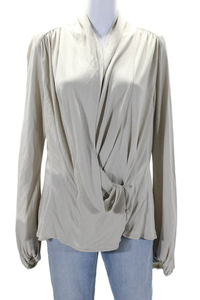 Bill Blass Womens Stretch V-Neck Long Sleeve Wrap Blouse Top Beige Size 14