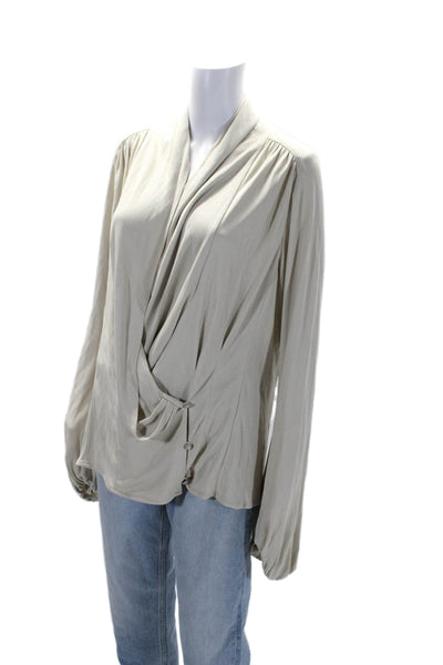 Bill Blass Womens Stretch V-Neck Long Sleeve Wrap Blouse Top Beige Size 14