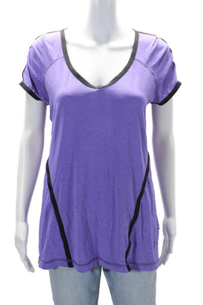 Lululemon Womens Short Sleeve V Neck Knit Tee Shirt Purple Black Size 12