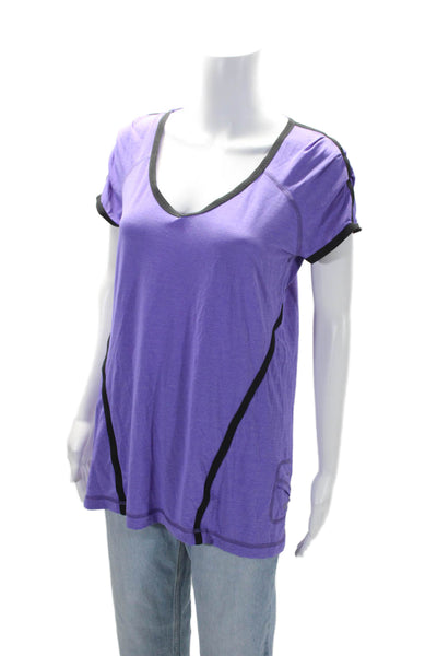 Lululemon Womens Short Sleeve V Neck Knit Tee Shirt Purple Black Size 12